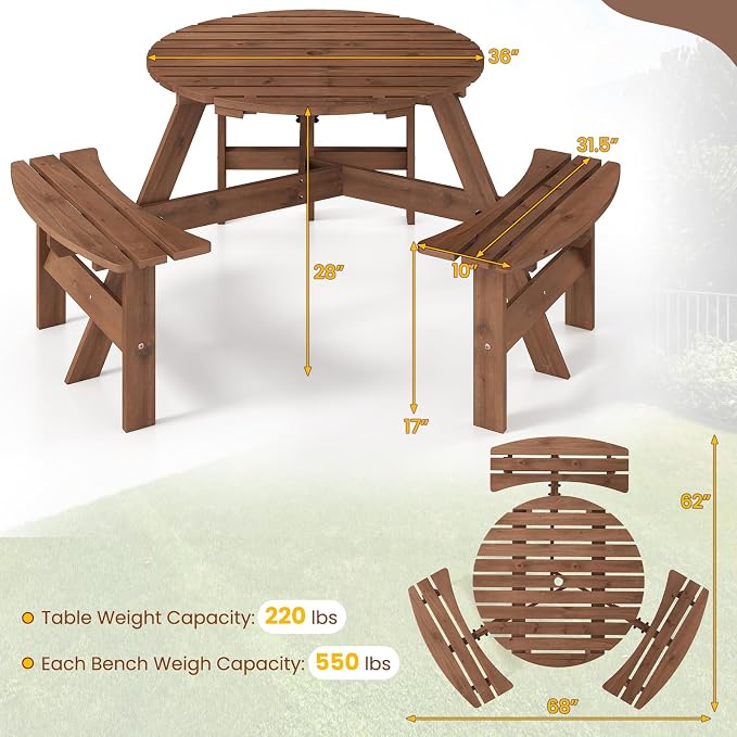 Tangkula 6-Person Wood Picnic Table, Outdoor Round Table and Bench Set with 3 Built-in Benches, Umbrella Hole, Perfect for Outside, Patio, Garden, Backyard, Porch (6-Person,Brown)