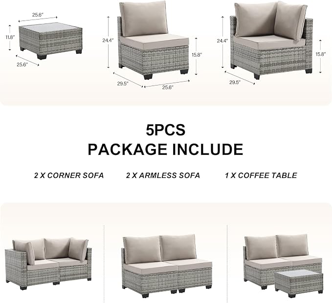 CANMOV 5 Pieces Patio Furniture Sets, All Weather Outdoor Patio Conversation Set, PE Wicker Rattan Sectional Sofa Couch Glass Coffee Table Washable Cushions for Backyard Garden, Poolside, Khaki
