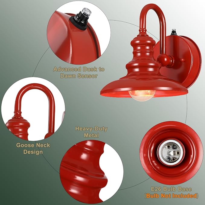 Dusk to Dawn Sensor Outdoor Gooseneck Barn Light Fixture Red | Exterior Wall Sconce Lighting Rustic Outside Porch Lantern Farmhouse Wall Mount Lamp for House Garage Patio