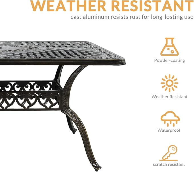 7-Piece Outdoor Patio Dining Set, 60” Rectangular Cast Aluminum Dining Table with Umbrella Hole and 4 Stationary, 2 Swivel Rocker Chairs, 6 Cushioned, Backyard, Patio, Garden