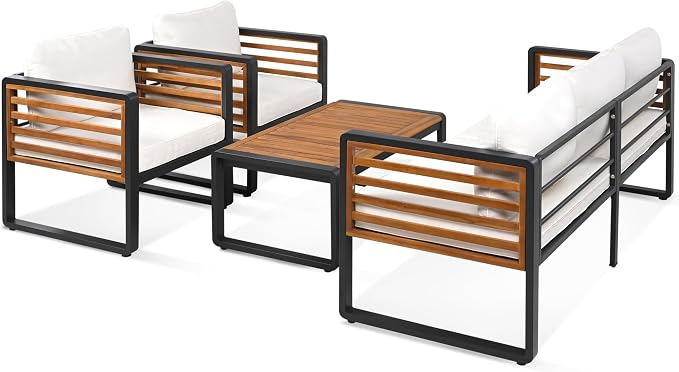 Large 4-Piece Outdoor Patio Sofa Set for 5 People, Metal & Acacia Wood Frame, Removable Cushions, Thick Comfortable Seats, Conversation Furniture with Table, Modular Garden and Backyard Set, Beige