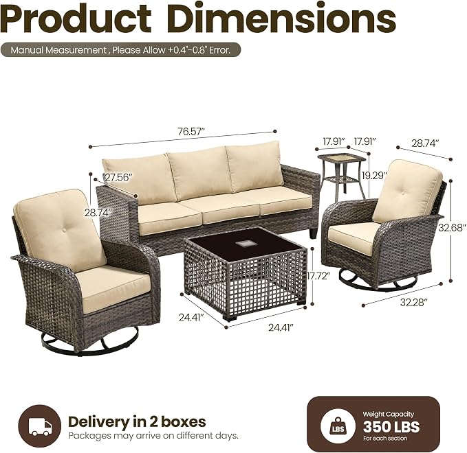 5 Piece Wicker Patio Furniture with Swivel Rocker Chair, Beige | High Back Swivel Rocker Chairs, All Weather Rattan Outdoor Sofa, Solar Lights Table, Modern Conversation Sets, Deck Backyard