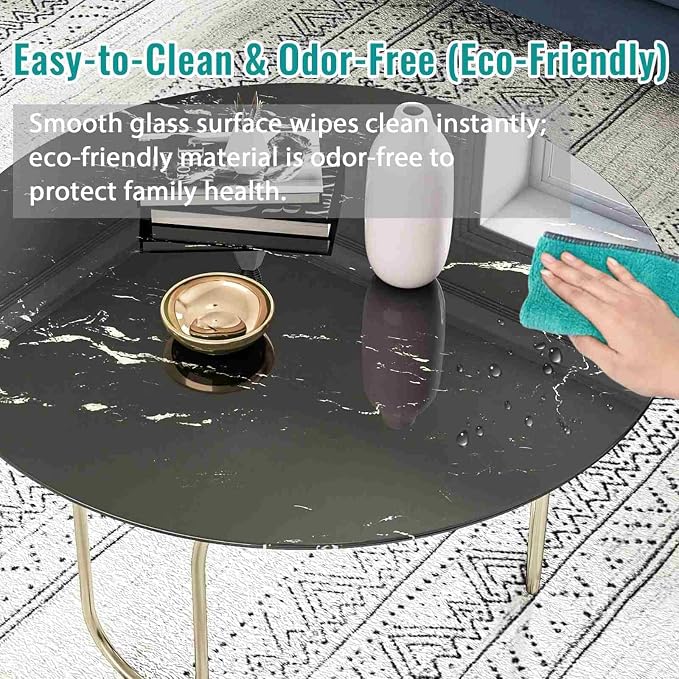 28 Inch Round Black Marble Glass Table Top, 8mm Thick Tempered Glass Tabletop for Dining Tables, Coffee Tables, Patio Tables
