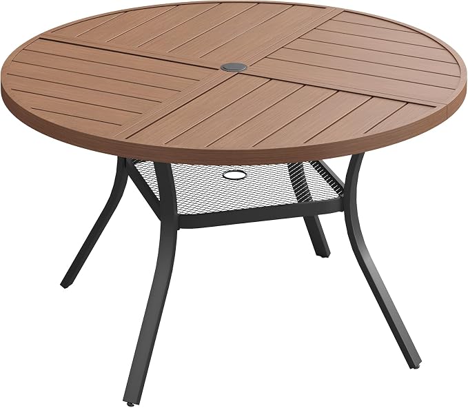 40.6" Outdoor Dining Table with Adjustable Umbrella Hole, Metal Slatted Round Patio Dining Table for Backyard Garden Deck, Walnut