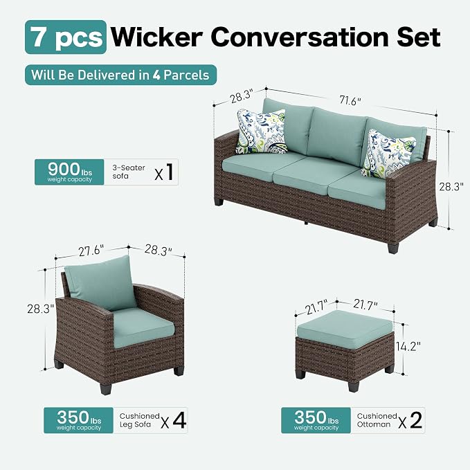 SUNSHINE VALLEY Patio Furniture Set Outdoor Furniture Brown Wicker Rattan Patio Conversation Sets with Cushion Outside Sofa Set,7 Pieces 9 Seats,Blue