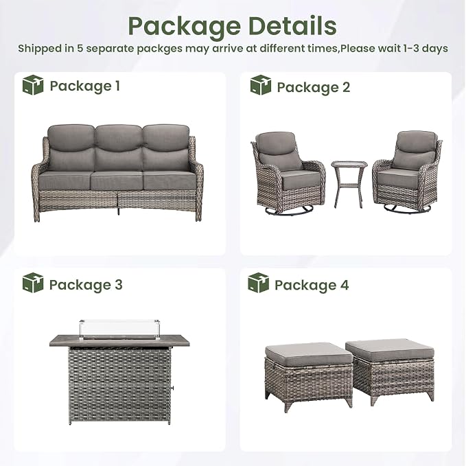 Luxury Patio Furniture Set with 6-inch Thick Cushion, Outdoor Furniture with Fire Pit Table, Swivel Chairs, Sofa, Side Table, Ottomans, 7pcs Wicker Conversation Set Grey Wicker | Grey Cushions