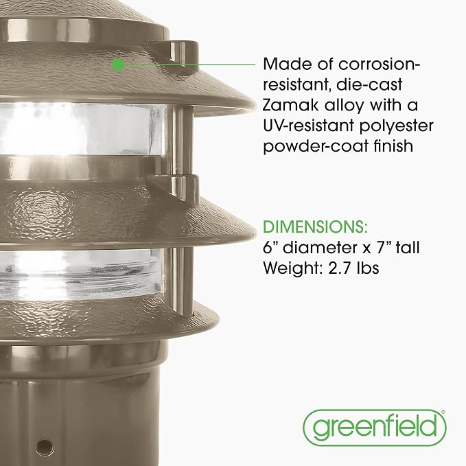 Greenfield Made in the USA Weatherproof Line-Voltage (120V) 3-Tier LED Outdoor Pathway Light – Permanent Outside Light with Mounting Hardware – Professional Grade – Bronze