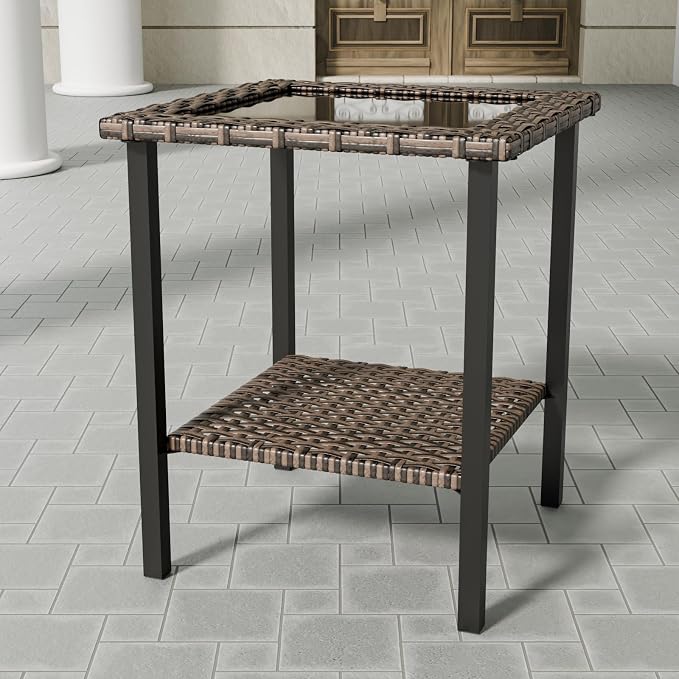 Canyon Ridge Outdoor Side Table, Tempered Glass Top Wicker Square Small End Table for Deck, Porch, Balcony, Garden and Backyard, Brown