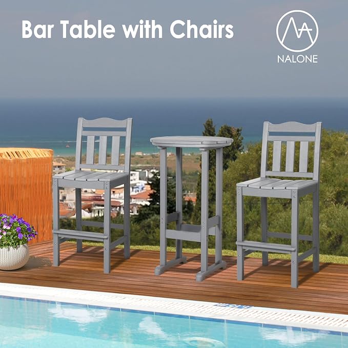 nalone Outdoor Bar Chairs and Table Set, HDPE Balcony Adirondack Chairs and Table 3 Pieces Set, Outdoor Bar Stools Set for Garden, Yard, Backyard