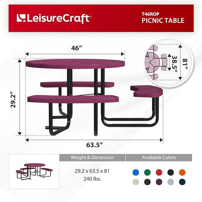 Leisure Craft Metal Picnic Table with Bench - 46" Round Outdoor Dining Table with Umbrella Hole, Heavy Duty Thermoplastic Coating, ADA Compliant, Commercial Grade Furniture Made in USA - Burgundy