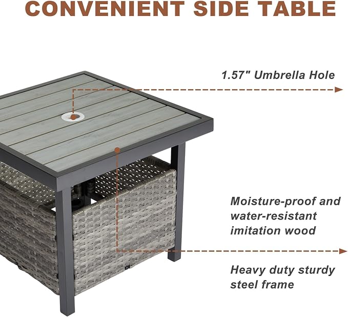 Outdoor Patio Umbrella Stand Table, All Weather Small Wicker Side Table with Umbrella Hole, 22 in Rattan Base Table (Grey)