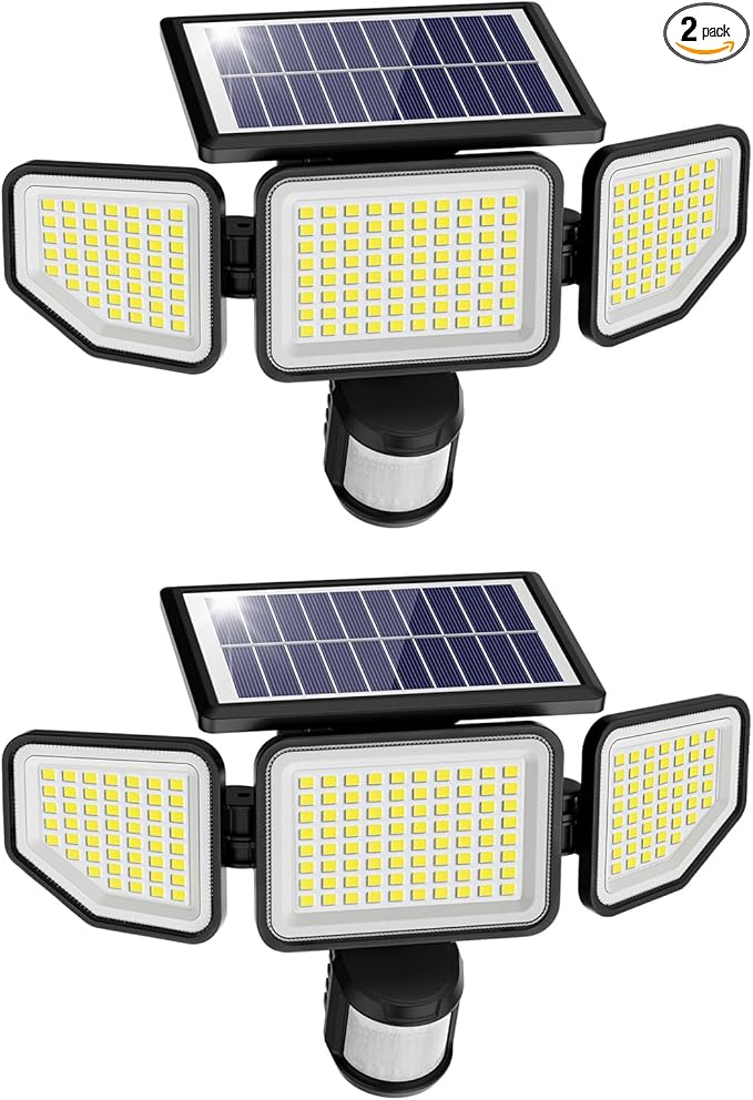 Onforu 4500LM Solar Lights Outdoor, 3 Heads Security Lights with Remote Control, IP65 Waterproof Motion Sensor Lights, 3 Modes Flood Lights for Wall, Porch, Yard, Outside, 2 Pack
