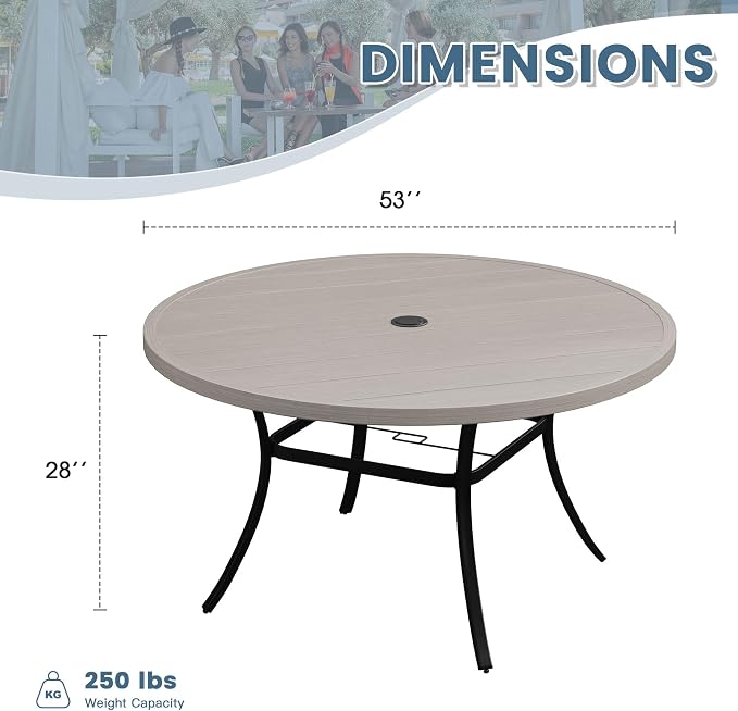 DIFY Patio Round Dining Table, 53" All Weather Round Outdoor Table with 1.57" Umbrella Hole for 8 Person, Perfect for Yard, Balcony and Lawn, Grey Wood-Like