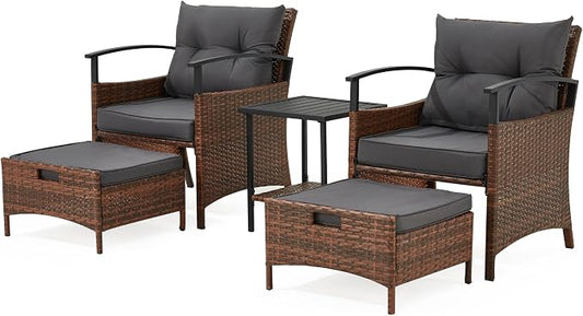 ECOTOUGE 5 Pieces Patio Furniture Set, Outdoor Wicker Chairs with Pull Out Ottoman & Metal Coffee Table, Rattan Conversation Set for Garden, Deck, Balcony, Poolside(Dark Grey)