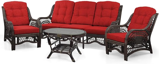 Malibu Lounge Set of 4: 2 Natural Rattan Wicker Chairs, Three-Seater Sofa with Cushions and Coffee Table with Glass Handmade, Dark Brown Color