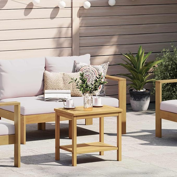 Solid Acacia Wood Side Table with Storage Shelf, Rustic End Table for Living Room, Patio, Garden, or Backyard, Weather Resistant Wood Accent Table, 19.69 x 13.78 x 17.72 in