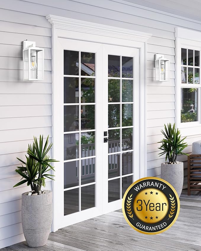 VIANIS Large Dawn to Dusk Outdoor Light Fixture, White Exterior Lighting Wall Mount Sconce, Modern Front Porch Lanterns Outside Lights for House, Anti-Rust Waterproof Coach Lights for Garage