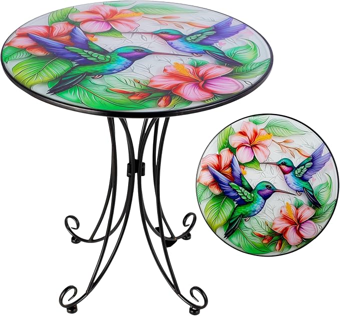 18 Inch Outdoor Side Table, Hummingbird Metal Accent Table, Indoor Small Round End Table, Plant Stand Tables for Outside Yard Balcony Garden Bedside