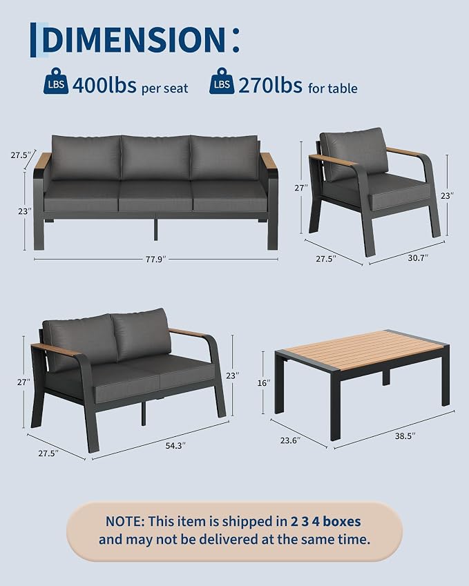Garvee Aluminum Outdoor Patio Furniture Set with Coffee Table 4 Seats Patio Conversation Set Washable Thick Cushions All-Weather Metal Outdoor Furniture Sets for Poolside Balcony Deck, Gray