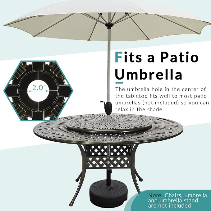 MEETWARM Outdoor 61" Round Patio Dining Table with Detachable Lazy Susan, All Weather Cast Aluminum Large Patio Furniture Table Set for 8 Seat with 35.4" Rotating Tray, Umbrella Hole, Dark Bronze