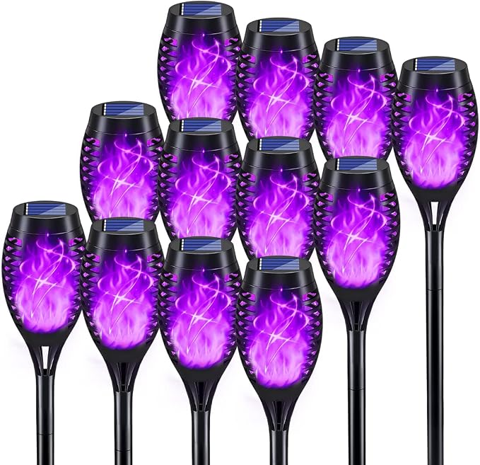 12Pack Purple Solar Halloween Lights for Halloween Decorations Outdoor | Halloween Solar Lights Outdoor with Flickering Flame, Waterproof Torches for Outside, Scary Halloween Yard Pathway Decoration