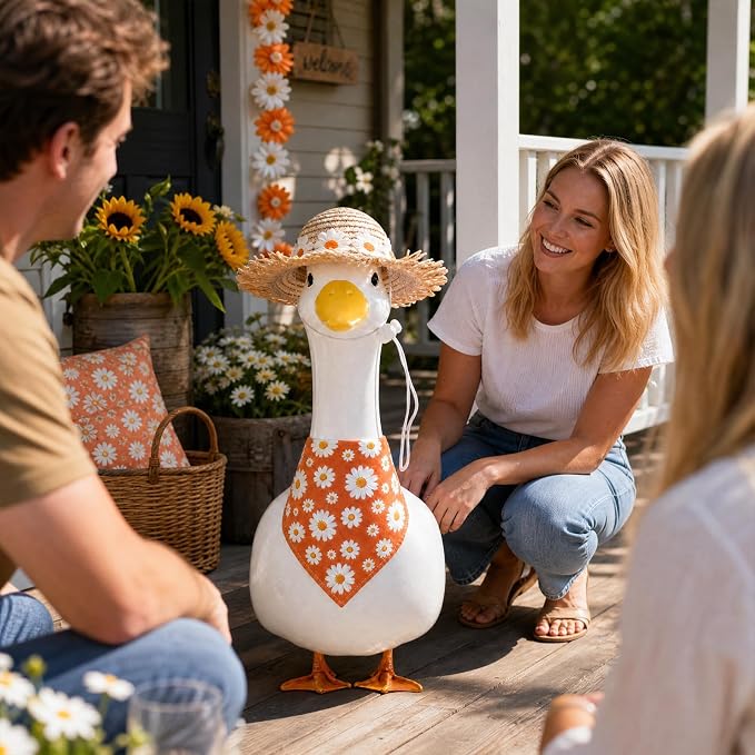 Summer Floral Porch Goose Outfit - 2Pcs Cute Orange Daisy Flower Clothes with Straw Hat & Bandana Bib, Garden Lawn Decoration for 23 Inch Cement/Plastic Statue