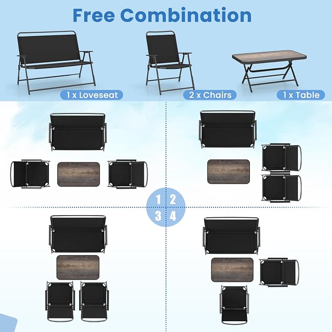 HAPPYGRILL 4 Pieces Folding Patio Conversation Set, Outdoor Furniture Set with SPC Coffee Table, Loveseat and Patio Chairs, Patio Bistro Sectional Set with Metal Frame for Garden, Deck and Backyard
