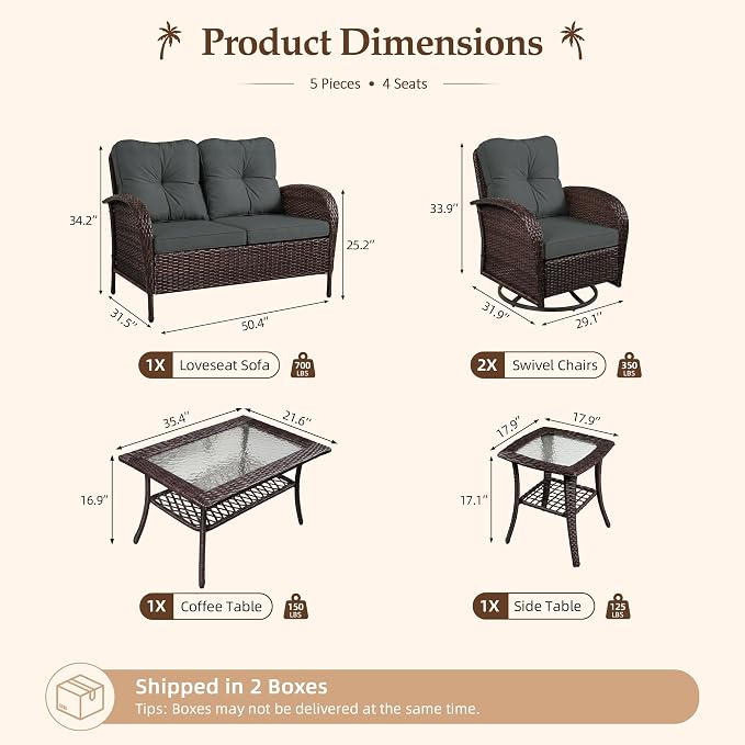 UPHA 5 Pieces Patio Furniture Sets, Wicker Outdoor Loveseat Sofa Set with Swivel Chairs, Patio Conversation Set for Deck Backyard Garden, Brown Rattan, Gray Cushion