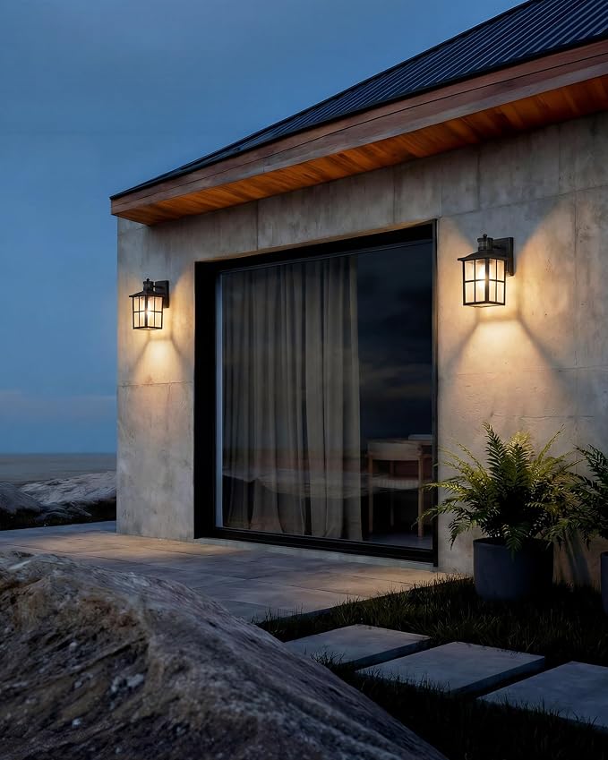 KDG Black Outdoor Motion Sensor Modern Patio Wall Light Fixtures Set of 2 | E26 Socket Waterproof Lanterns & Sconce with Tempered Glass, Modern Wall Mounted Lamps for Home, Front Door, Garage, Porch