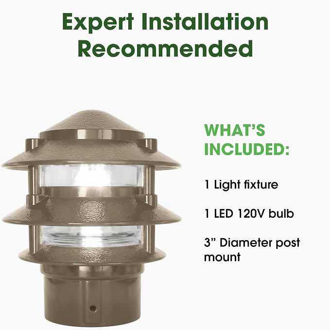 Greenfield Made in the USA Weatherproof Line-Voltage (120V) 3-Tier LED Outdoor Pathway Light – Permanent Outside Light with Mounting Hardware – Professional Grade – Bronze