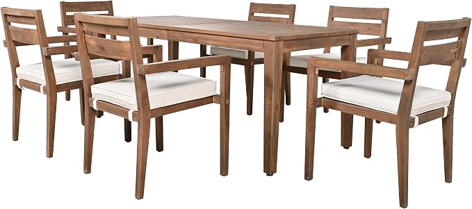7 Piece Patio Dining Table Set with Removable Cushion, Outdoor Acacia Wood Furniture Set for Garden, Backyard, Lawn, Poolside (A-Burly Wood)