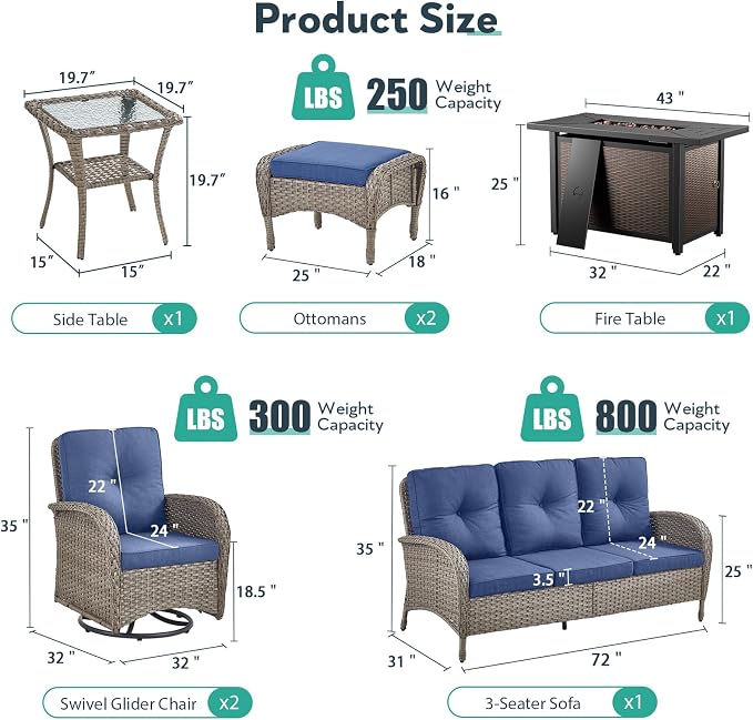 7 Piece Patio Furniture Set with Fire Pit Table - Wicker Patio Conversation Set with Swivel Glider, 3 Seat Sofa, Side Table and 2 Ottomans for Deck Backyard - Grey Wicker Blue Cushion