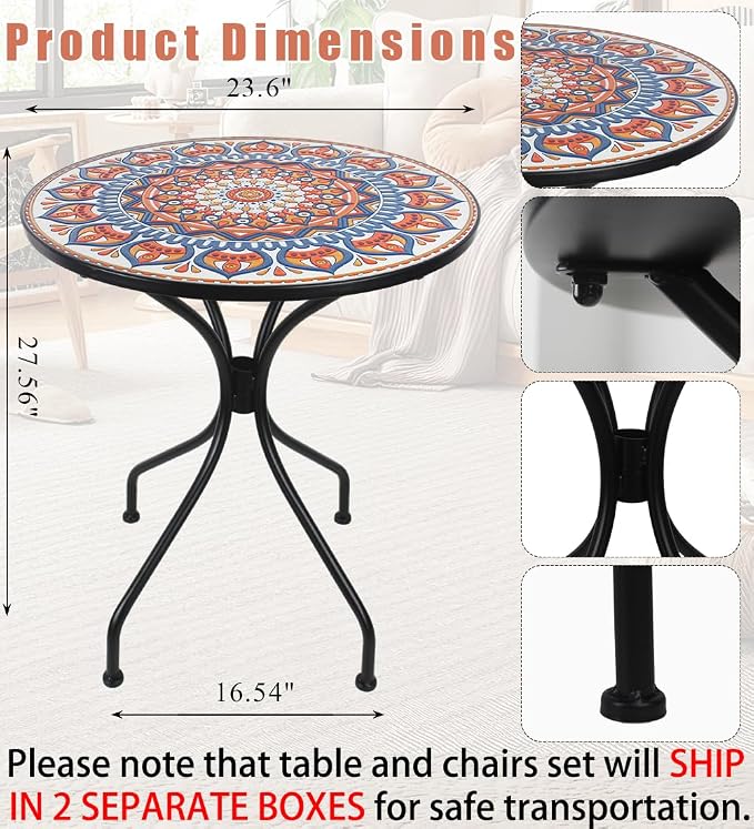 3 Piece Bistro Sets Mosaic Tile Round Table Folding Chairs Garden | Set of 3 Patio Furniture 23.6" Table and 2 Chairs Outdoor Bistro Chairs Artistic Table for Balcony Porch Apartment Backyard