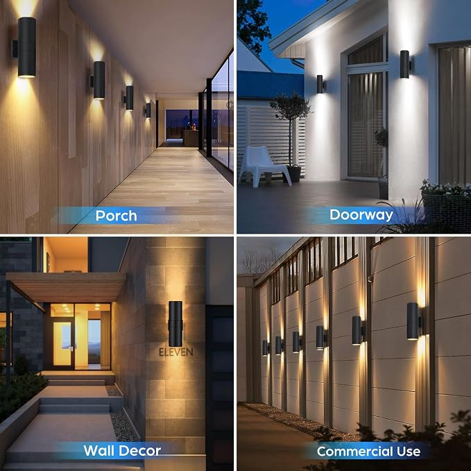 14” Modern Outdoor Wall Light with Dusk to Dawn Sensor, Exterior Light Fixture Wall Mount Waterproof Anti-Rust Cylinder, Up and Down 2 Lights Black Sconces for Porch House Outside Entryway, 2-Pack