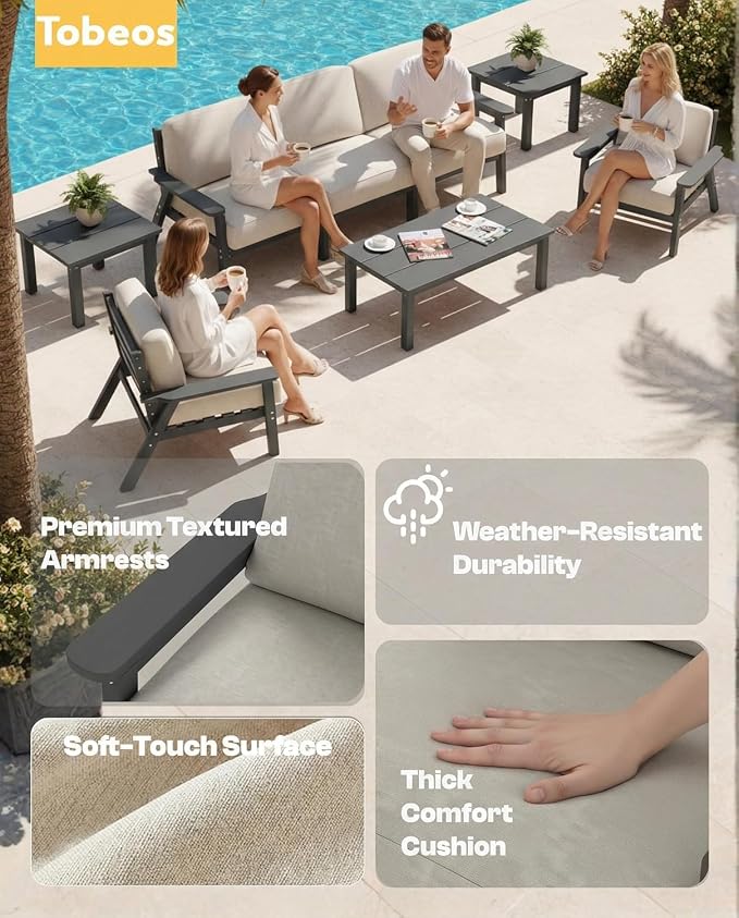 HDPE Patio Furniture Set 10 Seats, Outdoor Couch with Washable Thick Beige Cushions & Coffee Table & Side Table, Outdoor Sectional Furniture for Backyard, Deck, Lawn, Porch (Gray Frame)