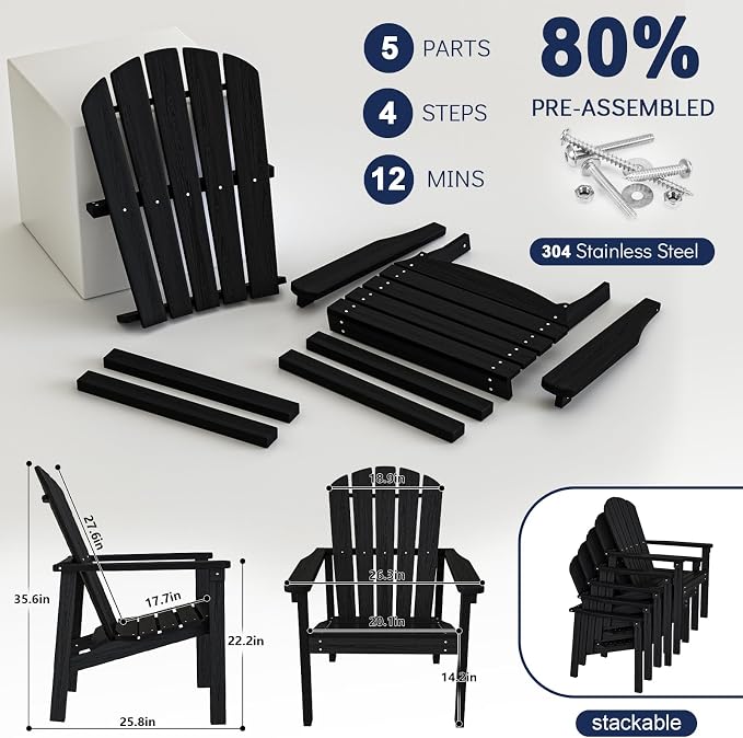 nevilywood Compact Stackable Adirondack Chairs Set of 4,HDPE,380lbs,Black | 26.3" Wide HDPE.All-Weather Outdoor.Maintenance-Free.Stackable for Storage.25°Curved Straight Backrest.Quick Assembly