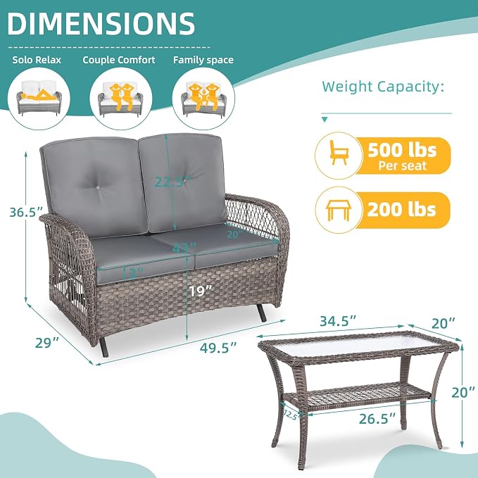 MEETWARM Outdoor Wicker Patio Glider Set, Loveseat for 2 Person Porch Furniture Glider with Glass-Top Coffee Table, Patio Glider Rocking Bench with Thickened Cushions, Gray