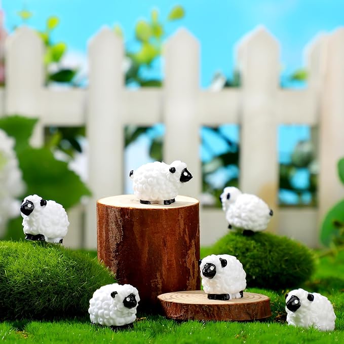 Suzile 50 Pcs Mini Sheep Figurine Miniature Resin Sheep Figurine White Lamb Figure Cute Animal Statue Landscape Little Decor for Spring Summer Outdoor Garden DIY Ornament Cake Topper(Classic Style)
