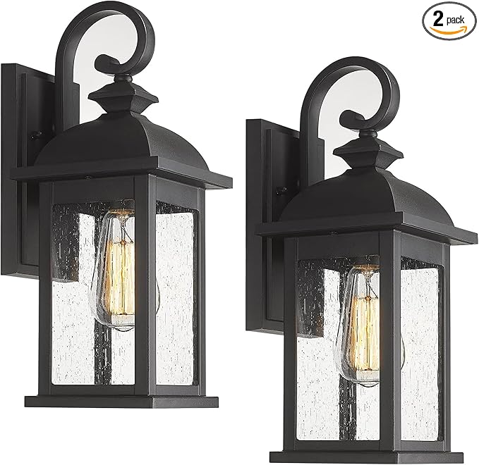 FEMILA Exterior Wall Sconce, 2 Packs Outdoor Waterproof Wall Lights Fixture, E26 Socket Wall Lantern for Porch, Anti-Rust Matte Black Finish with Seeded Glass Lampshade, 4FD54B-2PK BK
