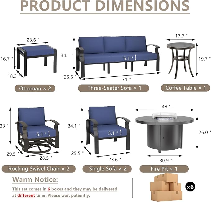 ALAULM Aluminum Patio Furniture Set with Coffee Table Rectangular, 5-seat Outdoor Sectional Furniture w/2 Swivel Chairs, Patio Conversation Set for Porch, Backyard, Dark Blue