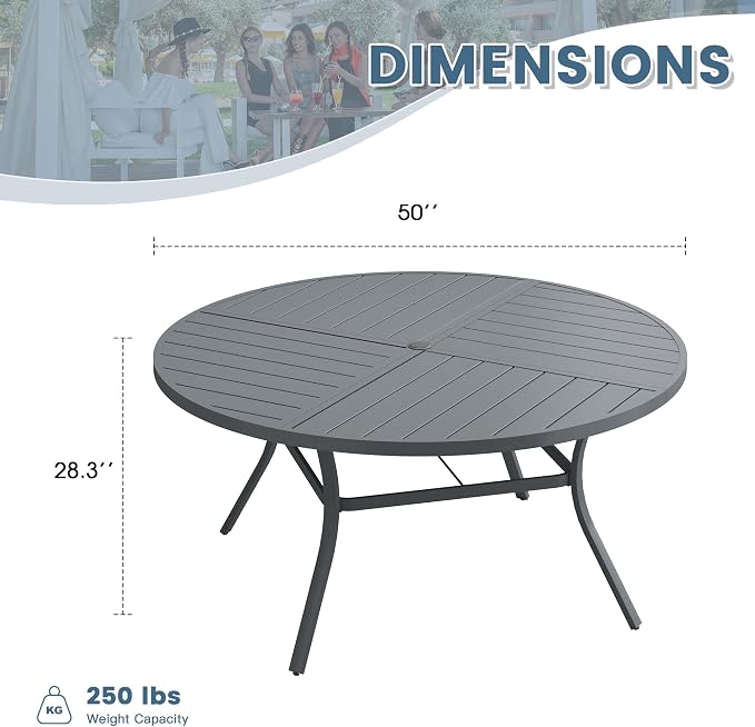 DIFY 50" Round Outdoor Patio Dining Table for 6, All-Weather Metal Steel Slatted Patio Table with 1.57" Adjustable Umbrella Hole, for Lawn Garden Porch Backyard, Grey