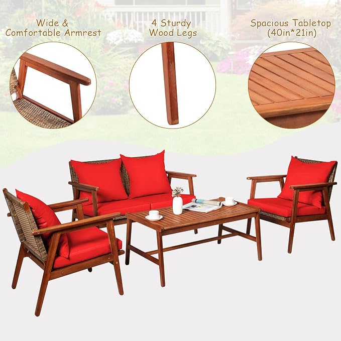 Tangkula 4 PCS Patio Wood Sofa Set, Outdoor Acacia Wood Seating Chat Set with Cushions & Coffee Table, Sectional Conversation Sofa Set for Garden, Backyard, Poolside (1, Red)