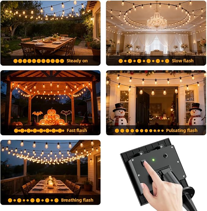 31FT Solar String Lights Outdoor Waterproof IP65 with USB-Charging , Solar Powered LED Patio Lights with 15+1 Shatterproof ST38 Edison Bulbs, Hanging Lights for Outside Backyard Garden Bistro Gazebo