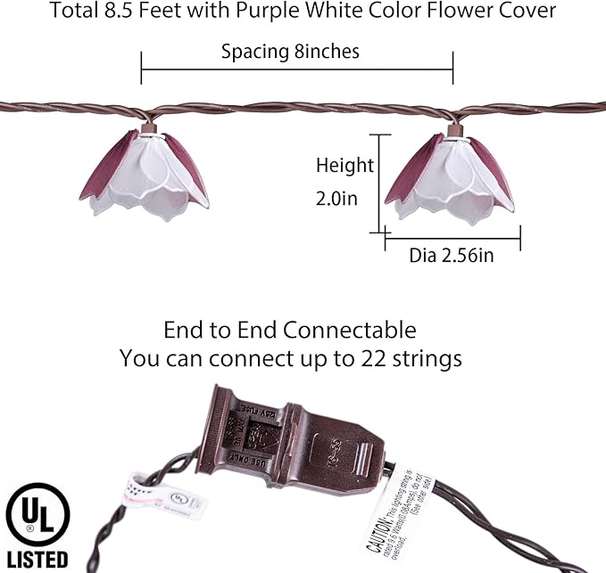 Decorative String Lights Plug in with 10 Bulbs, Flower Garland Fairy Lights Connectable Weatherproof Outdoor Indoor for Wedding Pergola Bedroom Porch Floral Home Decor (Purple White)
