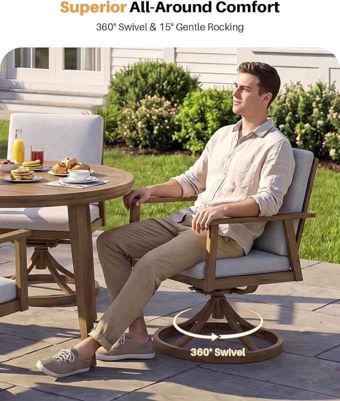 5-Piece Round Patio Swivel Dining Set, Aluminum Round Outdoor Dining Set with 4 Swivel Chairs, Patio Dining Table Set with Cushions, Never-Rust Outdoor Furniture Set for Pool, Deck, Lawn, Teak