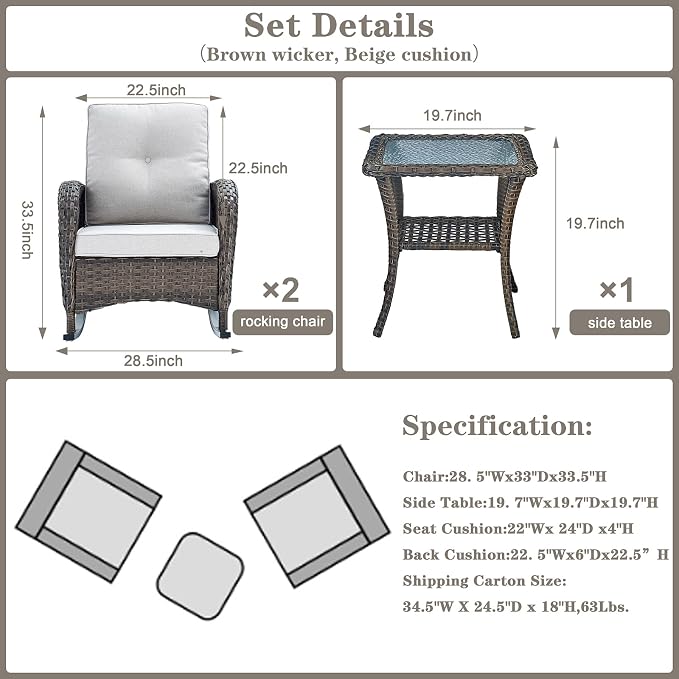 Belord Wicker Porch Rocking Chairs - 3 Pieces Patio Bistro Set High Back Outdoor Rocker Chairs Set with Side Table for Deck Balcony Brown/Beige