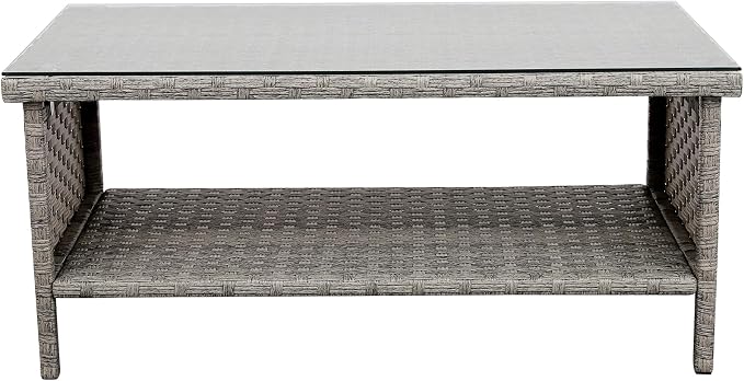 Rattaner Patio Coffee Table Outdoor Furniture Wicker Table 2-Layer Storage with Tempered Glass and Furniture Cover, Grey