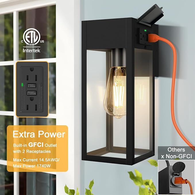 Porch Lights Outdoor Wall Sconce, Outdoor Light with GFCI Outlet, Waterproof Exterior Wall Lantern Light Fixtures, Anti-Rust Wall Lamp with Clear Glass for Patio Doorway Garage- Black, 1 Pack