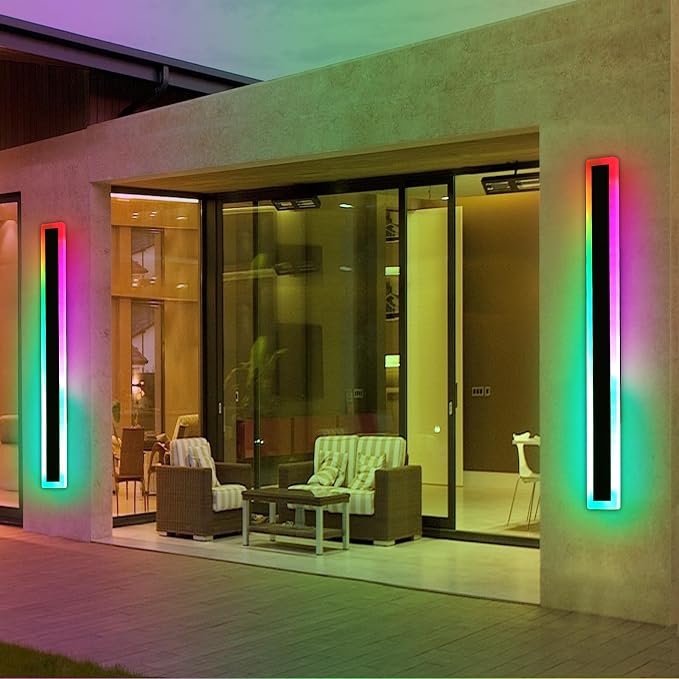 57inch Long LED Outdoor Wall Light, RGB Exterior Lighting Fixture, Dimmable Modern Wall Sconce, 10 Colors, IP65 Waterproof, Wall Mounted Lamps for Porch, Garage, Yard, with Remote Control