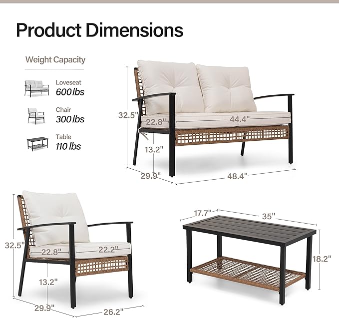 LAUSAINT HOME 4-Piece Patio Conversation Set, Comfortable Oversized Outdoor Furniture Set with Soft Cushion and Storage Metal Coffee Table for Backyard, Porch, Garden and Poolside, Beige